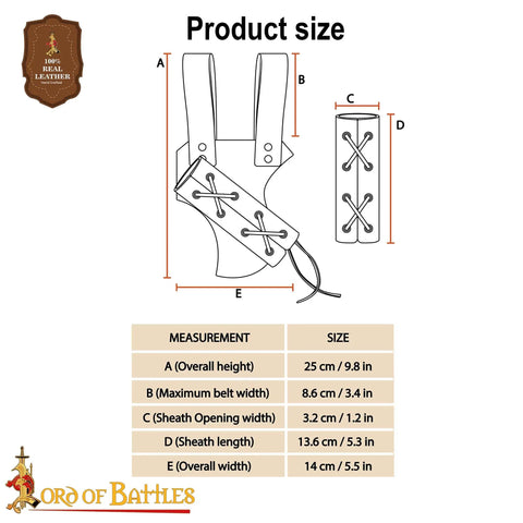 Size diagram of Medieval Leather Sword Frog Holster For Dagger Rapier And Sabre Props Adjustable Handcrafted LARP Accessory
