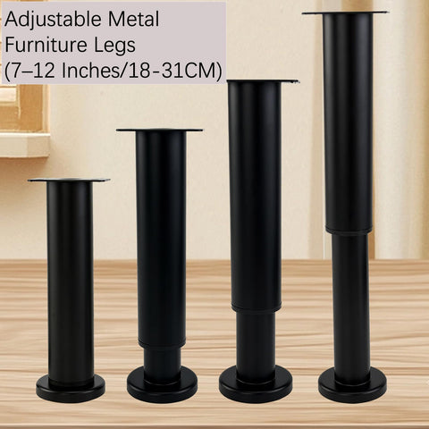 Hella Sturdy 4 Piece Heavy Duty Adjustable Furniture Legs For Wobbly Sofas And Beds 7 To 12 Inch Riser Extenders black metal legs stacked on a wooden surface.