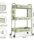 Three Tier Rolling Cart Storage Organizer With Metal Wheels Pegboard Hooks And Bins For Bathroom Kitchen Office Nursery And Craft Rooms