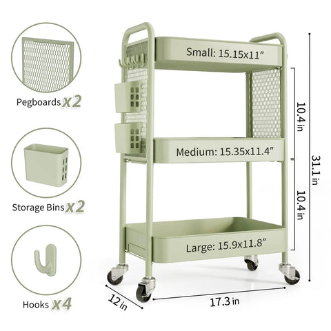 Three Tier Rolling Cart Storage Organizer With Metal Wheels Pegboard Hooks And Bins For Bathroom Kitchen Office Nursery And Craft Rooms
