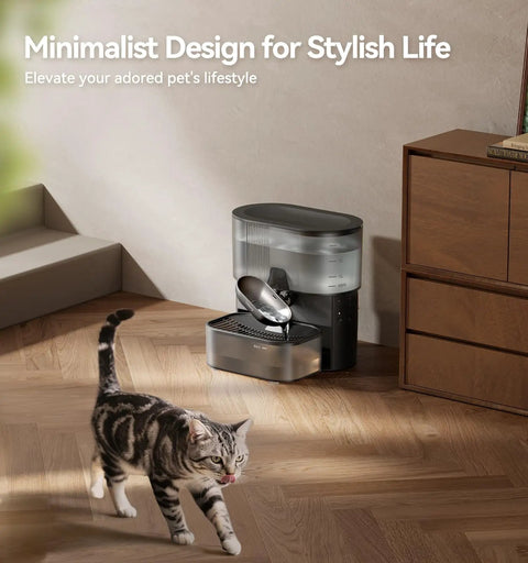 Wireless Cat Water Fountain With No Filters And Wastewater Separation, 3.5L Stainless Steel Bowl, Black next to a cat on wood floor