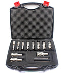 Annular cutter set, 13 pcs, Weldon shank, HSS, diameters 7/16–1-1/16 in, in hard case with two pilot pins