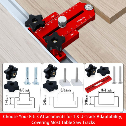 Thin Rip Jig For Table Saw With Extended Fence Guide Works With Router Tables And Saw Systems Perfect For Easy Repeating Narrow Strip Cuts And Precise Smooth Slices In Woodworking Projects, showing red jig with attachments and measurements.