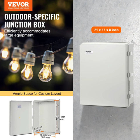 Weatherproof Junction Box Made From Heavy Duty ABS With Sturdy Hinged Lid And Stainless Steel Lock, IP67 Rated, 21x17x8 inches