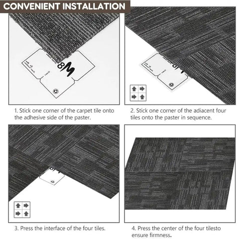 Installation steps for Heavy Duty Commercial Carpet Tiles 24 By 24 Inches Grippy Non Slip Square Floor Tiles with FlexLok Tabs.