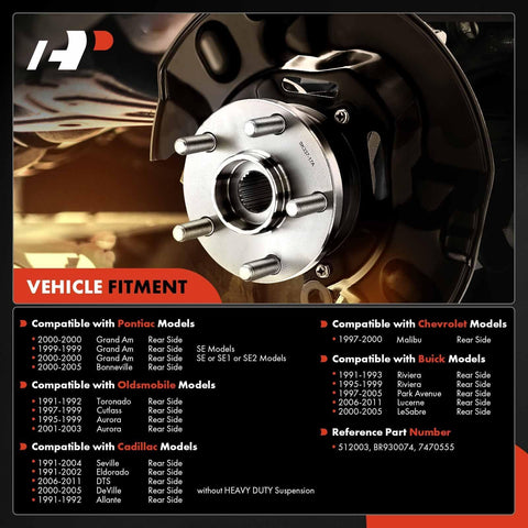 Infographic of Rear Wheel Hub Bearing Assembly with ABS, 5-Lug Rear Left/Right, compatibility details for Pontiac, Chevrolet, Buick models