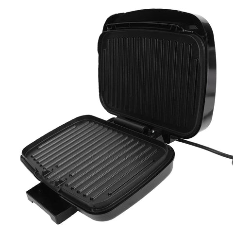 Haofy 1000W Electric Indoor Grill Panini Press With Removable Plates open view showcasing non-stick surfaces for grilling.
