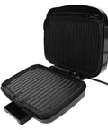 Get A Top-Notch 1000W Electric Contact Grill For Sizzling Burgers And Panini, open view showcasing nonstick grill plates and oil tray.