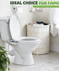 Must Have Non Electric Cold Water Bidet Toilet Seat Attachment With Pressure Controls And Retractable Self Cleaning Dual Nozzles For Front And Rear Wash In Black installed on white toilet in bathroom.
