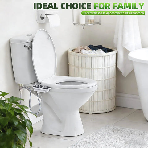 Must Have Non Electric Cold Water Bidet Toilet Seat Attachment With Pressure Controls And Retractable Self Cleaning Dual Nozzles For Front And Rear Wash In Black installed on white toilet in bathroom.