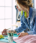 Person using 60 Pcs HB Pencils No 2 Unsharpened Wood Cased Pencils with Erasers Hexagonal Green Barrel Red Erasers at a desk
