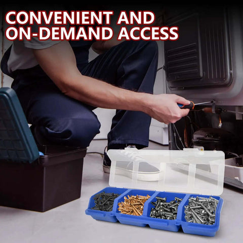 Person using Four Piece Screw And Nail Organizer Set With Lids in workshop, displaying stackable plastic divided storage bins.
