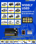 Image illustrating uses for 8 Gang Bluetooth App Controlled Switch Panel for 12V-24V Accessories Waterproof Car Boat Truck RV Power Relay System.