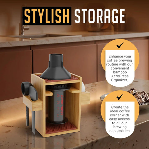 Compact Bamboo AeroPress Organizer Stand For Your Coffee Setup Keep All Accessories In One Caddy Including Filter Holder Mug Storage Rack Funnel Scoop And Silicone Drip Mats In Rich Brown on kitchen counter