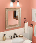 Bathroom scene with Eva 24 Inch Bathroom Towel Bar In Oil Rubbed Bronze With Sturdy Mounting Posts And Pro Fit Quick Install System.