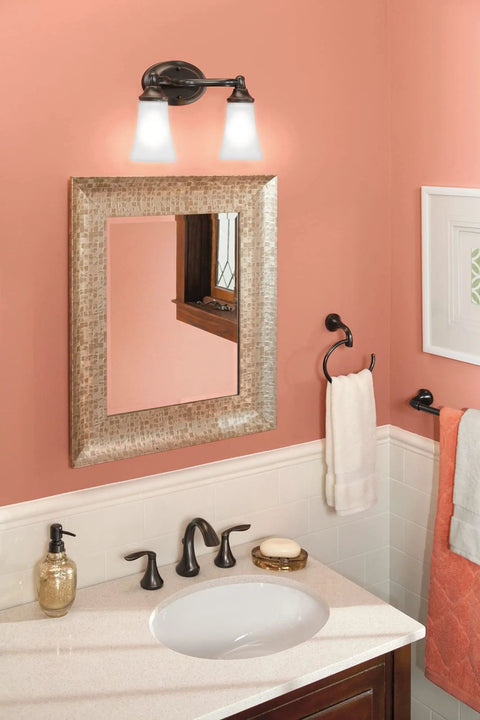 Bathroom scene with Eva 24 Inch Bathroom Towel Bar In Oil Rubbed Bronze With Sturdy Mounting Posts And Pro Fit Quick Install System.