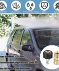 Two-piece pressure washer hose adapter set (M22 to 1/4 inch) with brass and black fittings; car being washed.