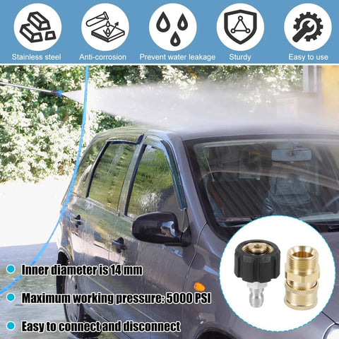 Two-piece pressure washer hose adapter set (M22 to 1/4 inch) with brass and black fittings; car being washed.