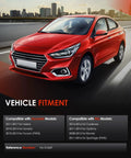 Red Hyundai sedan on road, cityscape background; vehicle fitment details for various Hyundai and Kia models listed below