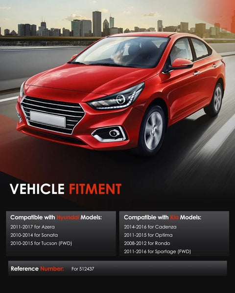 Red Hyundai sedan on road, cityscape background; vehicle fitment details for various Hyundai and Kia models listed below