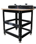Kick Start Your Workshop With This Tight Router Table Package Featuring A Zero Wiggle Heavy Duty Stand Full Size Plycore Surface Precision Align Plate And Smooth Gliding Pro Fence, black and wood router table with precision fence and sturdy base.