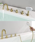 Brushed Gold Five Hole Roman Tub Faucet With Sprayer Deck Mount Tub Filler Set showing hand shower and handles