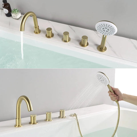 Brushed Gold Five Hole Roman Tub Faucet With Sprayer Deck Mount Tub Filler Set showing hand shower and handles