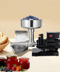 Heavy-Duty Stainless Steel Electric Tomato Press And Sauce Maker With Automatic Strainer for making purees with blueberries.