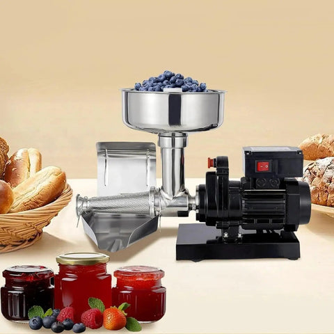 Heavy-Duty Stainless Steel Electric Tomato Press And Sauce Maker With Automatic Strainer for making purees with blueberries.