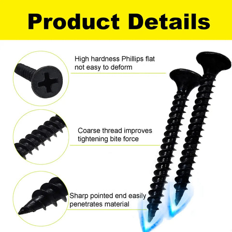 Outdoor Wood Screws Set 100 Pack Size 6 X 1-5/8 Inch Phillips Flat Head Self-Tapping Countersunk Deck Screws For Woodworking Repairs And DIY Projects Today, showing two black oxide screws with phillips flat heads and sharp points.