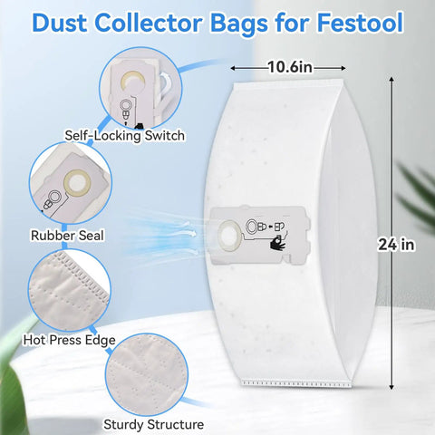 10 Pack 204308 Vacuum Bags For CT Mini And CT MIDI Dust Collector 2019 Onward Replacement Filter Bags shown with dimensions and features.