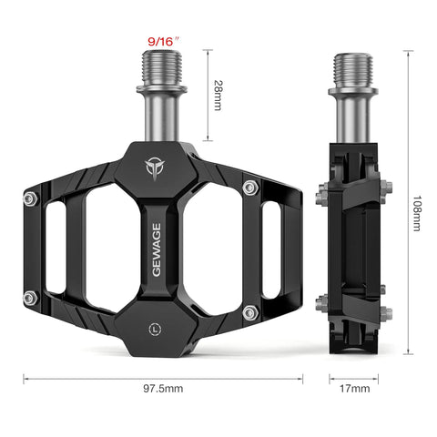 Flat Pedals For Mountain Bikes Aluminum Platform With Sealed Bearings 9 16 Inch Spindle Lightweight Durable Grippy For Road MTB BMX And Kids Bikes Black, side view with dimensions