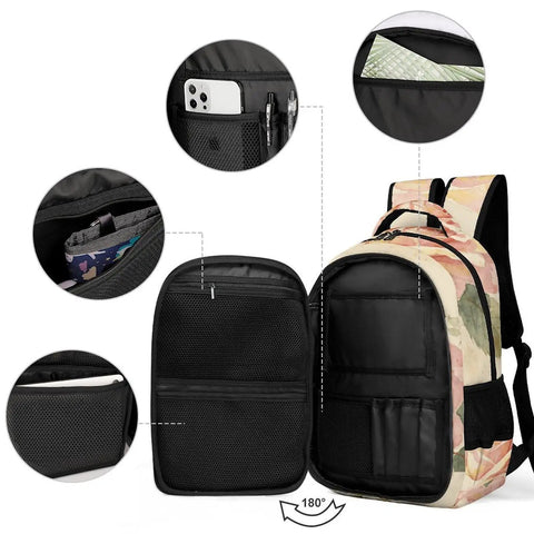 Dope Botanical Rose Sprig Printed Unisex Backpack with spacious compartments and organizers, sturdy zipper, durable polyester