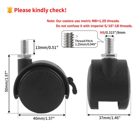 M8x125 Threaded Stem One Point Five Inch Nylon Swivel Caster Wheels With Brake dimensions and thread size details