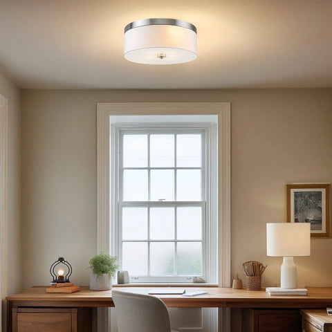 Mid Century Modern 3 Light Flush Mount Ceiling Light With Cream Fabric Shade And Round Glass Diffuser In Copper Bronze Finish