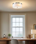 Walker 20 Inch Dope Mid Century Modern 3 Light Flush Mount Ceiling Light With White Linen Fabric Drum Shade And Round Glass Diffuser