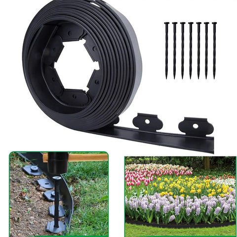 2 Inch Garden Edging Kit, 40 Ft Black Landscape Border with stakes and pruning shears, defining lawn and flower bed boundaries