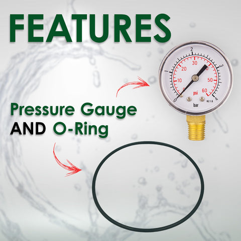 Pressure gauge and O-ring for VariFlo Top Mount Multiport Valve Six Way Replacement for Pool Sand Filters Compatible With Hayward Pro And VL Series Inground And Aboveground Pools One Point Five Inch FIP Ports SP0714T.