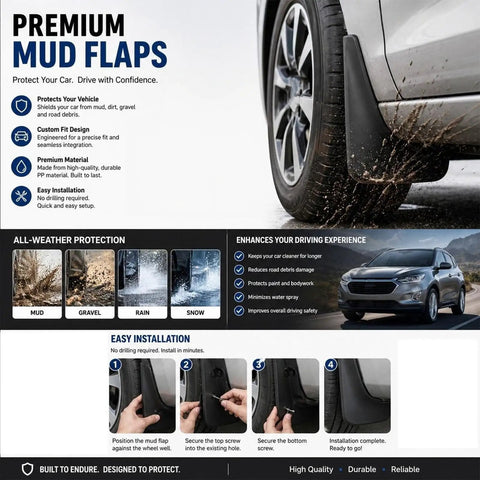 Heavy Duty Car Mud Flaps For Tesla Cybertruck 2024 ABS Plastic Splash Guards, showcasing installation guide and all-weather protection.