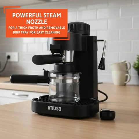 Electric Espresso Cappuccino Maker With Milk Frother, 4 Cup Capacity, Black Coffee Machine on kitchen counter