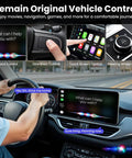 Car interior showing Car TV Mate Pro Wireless CarPlay Adapter 2 In 1 Magic AI Box with voice, knob, and touchscreen controls.