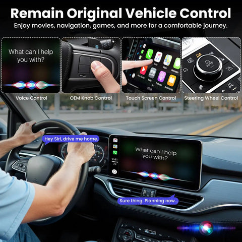 Car interior showing Car TV Mate Pro Wireless CarPlay Adapter 2 In 1 Magic AI Box with voice, knob, and touchscreen controls.