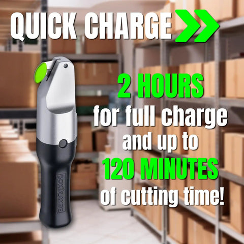 Electric Cardboard Cutter For Home, Office And Industrial Use, A True Workhorse Box Cutter With Hidden Safe Blade For Effortless Cardboard Slicing And Quick, Clean Box Opening. compact cordless cutter shown in warehouse