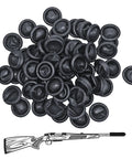 All Weather Rifle Barrel Cover for most guns, pile of black muzzle protections made from latex, illustrated rifle diagram