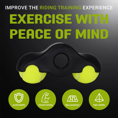 4 Pack Bike Trainer Rocker Feet Adapters for Indoor Cycling shown with 8 tennis balls, easy mounting, emphasizing comfort and stability