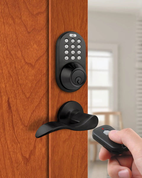 Keyless Entry Digital Deadbolt And Lever Handle Combo With Remote Control And Keypad For Exterior Doors Polished Brass Easy Install No Fuss Fast Secure Access shown on a wooden door with a hand holding the remote.