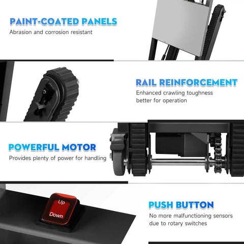 Heavy Duty Electric Stair Climbing Dolly With 900lbs Max Load Power Assist Hand Truck For Moving Furniture And Gear, 1250W Motor Folding Design showing paint-coated panels, rail reinforcement, and powerful motor details.