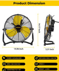 Front and side view of 12 Inch Portable Floor Fan with 3 Speed Settings, heavy duty metal, 180 degree tilt, dimensions listed