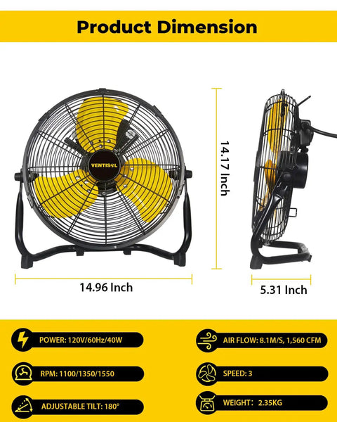 Front and side view of 12 Inch Portable Floor Fan with 3 Speed Settings, heavy duty metal, 180 degree tilt, dimensions listed