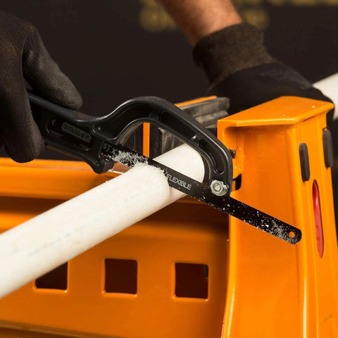 Light Duty 10 Inch Mini Hacksaw With One Handed Grip And Thumb Rest Ergonomic Handle cutting white plastic pipe